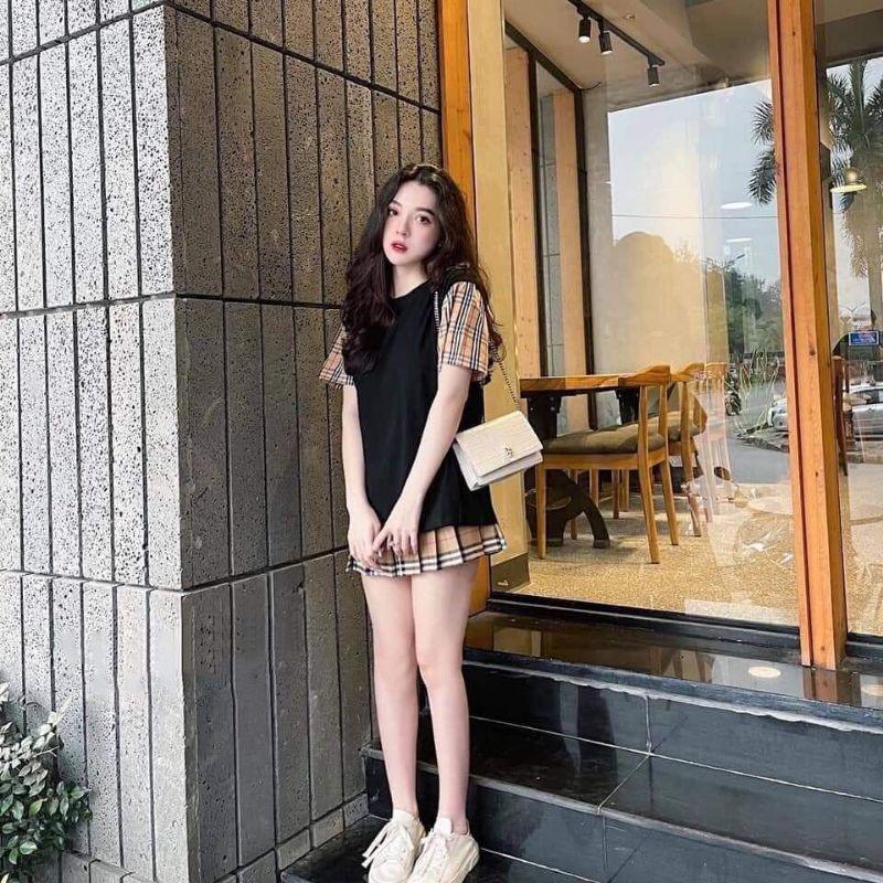 Bộ Chân Váy  Áo Phông Phối Kẻ Sọc Set Áo Váy Ngắn Nữ 2 Màu X021
