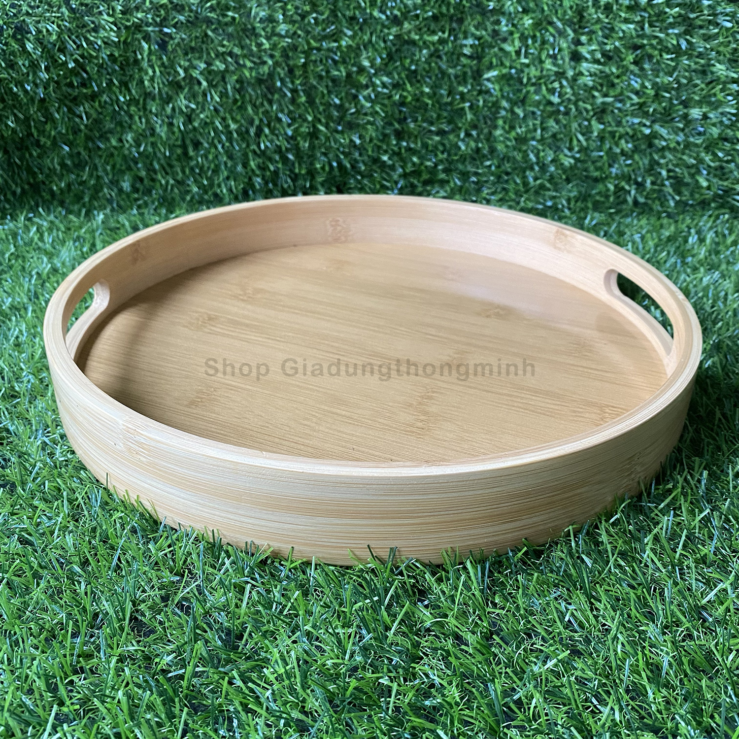 Khay Trà tròn gỗ Tre tự nhiên, đường kính 30cm dày dặn; màu Vàng bóng đẹp chống mối mọt; Dùng để bộ Ấm Chén hoặc để Bánh Kẹo - Tặng 1 khăn lau đa năng