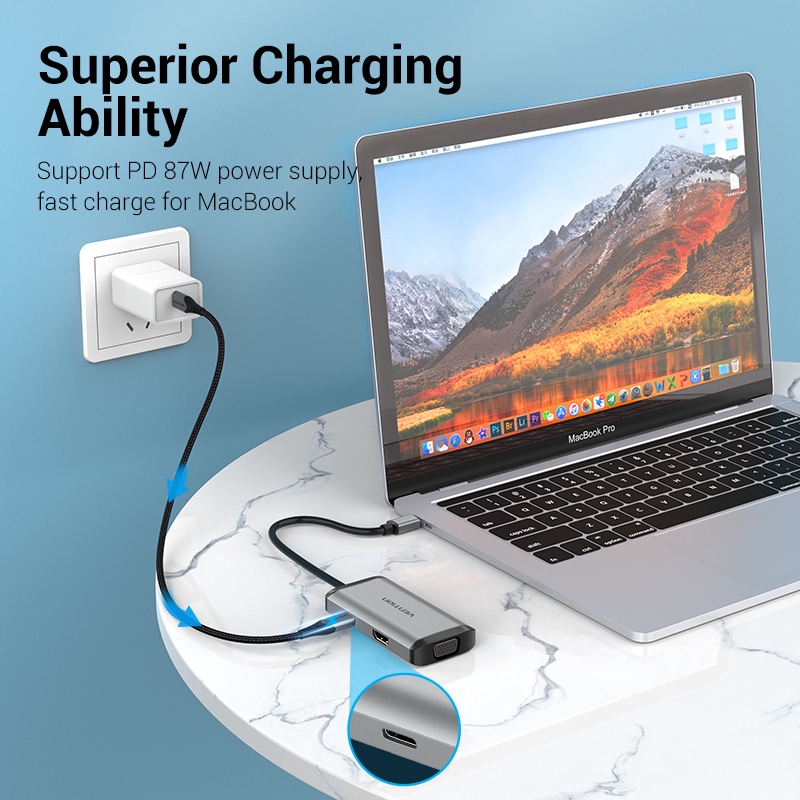 Bộ chuyển đổi Type-C sang VGA + HDMI + 3 cổng USB 3.0 + Sạc Type-C PD 87W Vention TGSHB (6 in 1) - hàng chính hãng