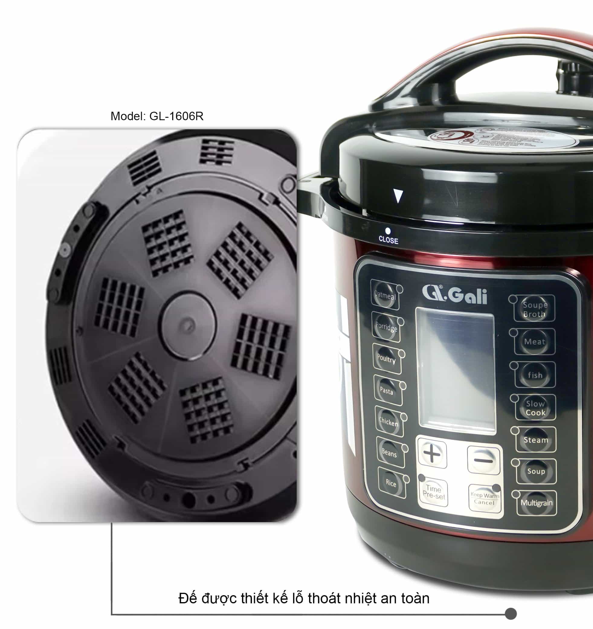 Nồi Áp Suất Điện Gali GL-1606R. Dung tích 6L, nồi đa năng 14 chức năng nấu. Thiết kế hiện đại, nhỏ gọn. Hàng chính hãng bảo hành 24 tháng.