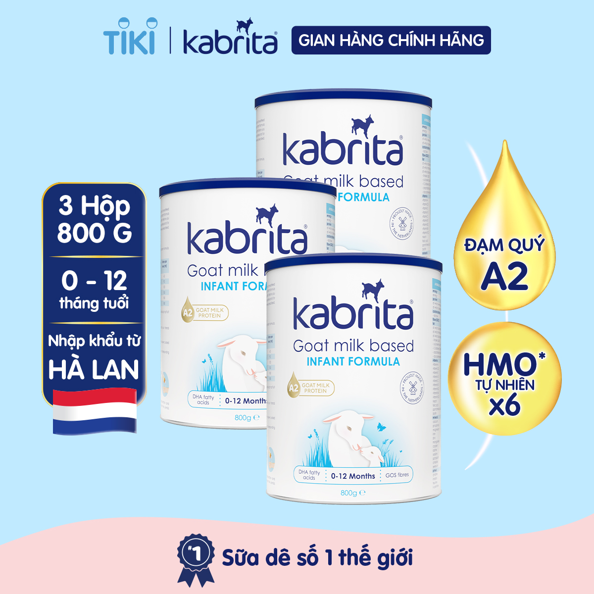 [Phiên bản mới] Combo 3 lon Sữa dê Kabrita số 1 cho trẻ từ 0 -12 tháng - Lon 800g