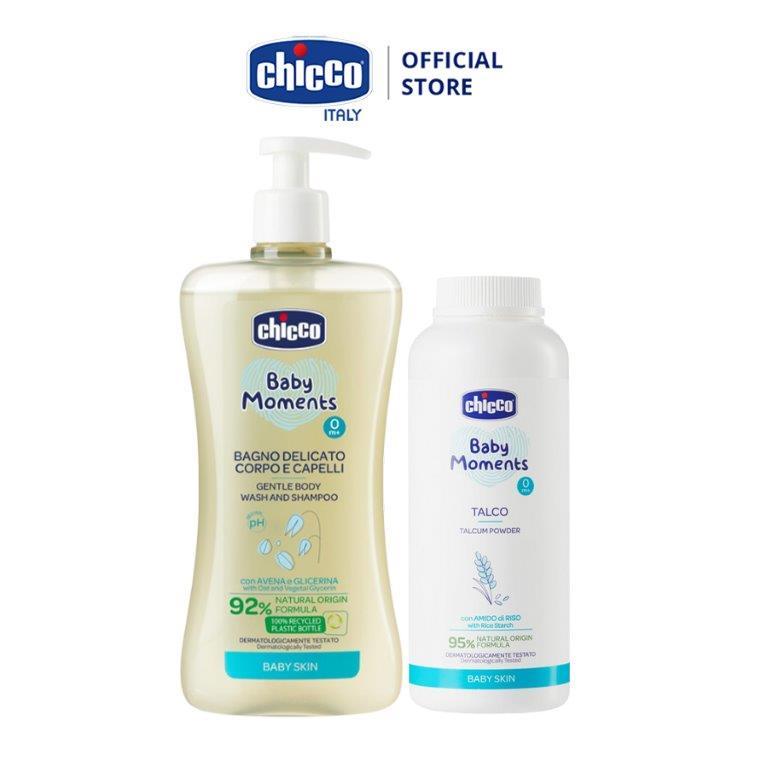 Combo Sữa tắm gội chiết xuất Yến mạch 0M+ Chicco 500ml + Phấn rôm tinh bột Gạo Chicco (mới)