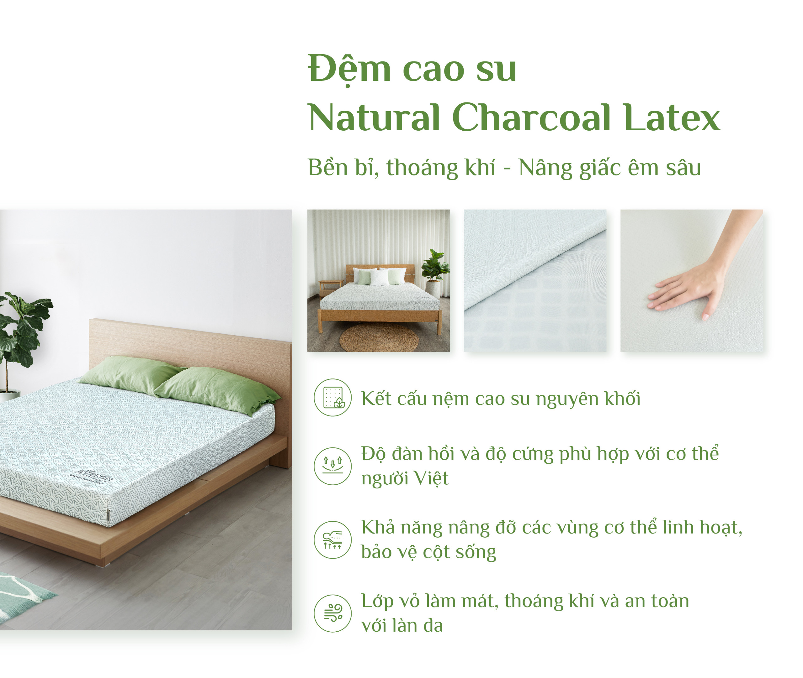 Nệm cao su thiên nhiên than hoạt tính cao cấp Everon Natural Charcoal Latex Cool- Khử mùi, kháng khuẩn - Bảo hành 15 năm