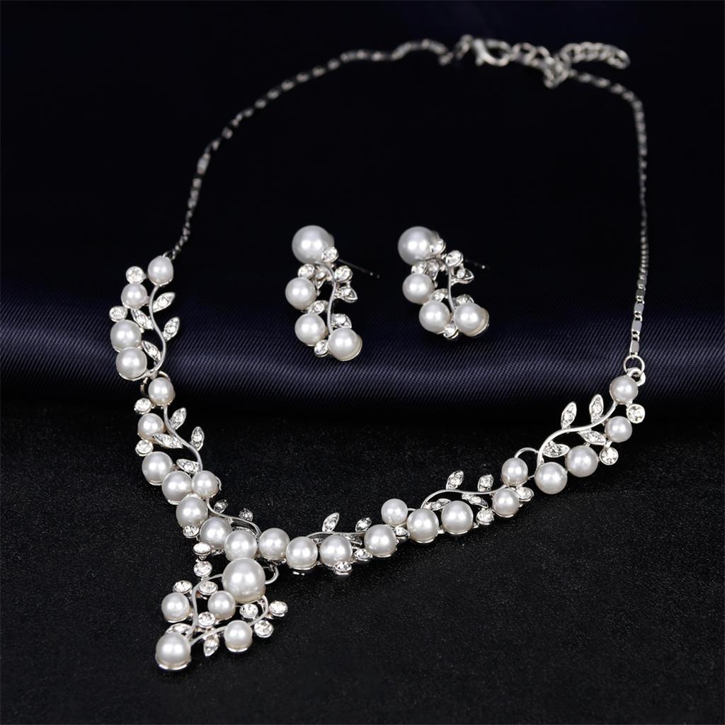 Crystal Rhinestone Pearl Flower Leaf Necklace Earrings Set Wedding Jewelry