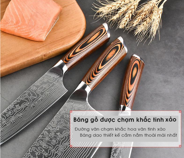 Bộ 3 Dao Nhà Bếp Nhật Khắc Vân Damascus Cao Cấp