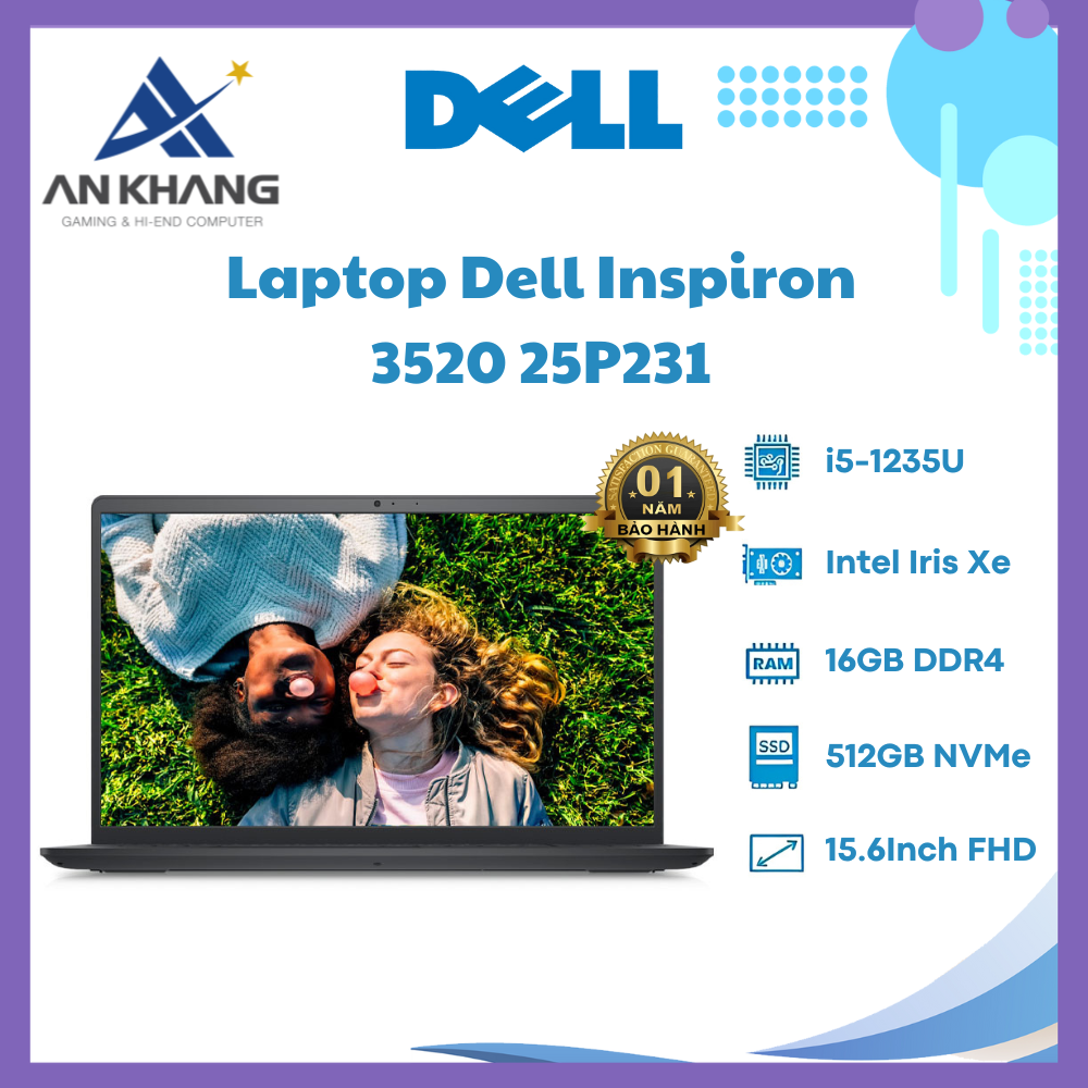 Laptop Dell Inspiron 3520 25P231 (Core i5 1235U/ 16GB/ 512GB SSD/ Intel UHD Graphics/ 15.6inch Full HD/ Windows 11 Home + Office Student/ Black/ Vỏ nhựa/ 1 Year) - Hàng Chính Hãng - Bảo Hành 12 Tháng