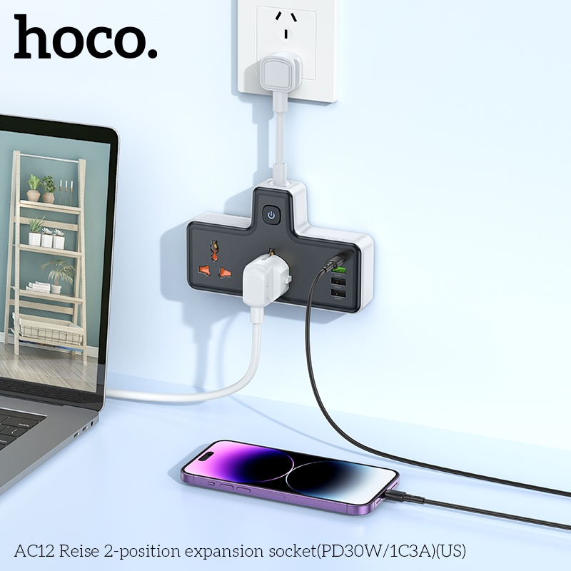 Ổ cắm điện đa năng sạc nhanh PD 30W có 1 cổng typeC + 3 cổng USB và có 2 lỗ cắm tải 2500W - Chính hãng