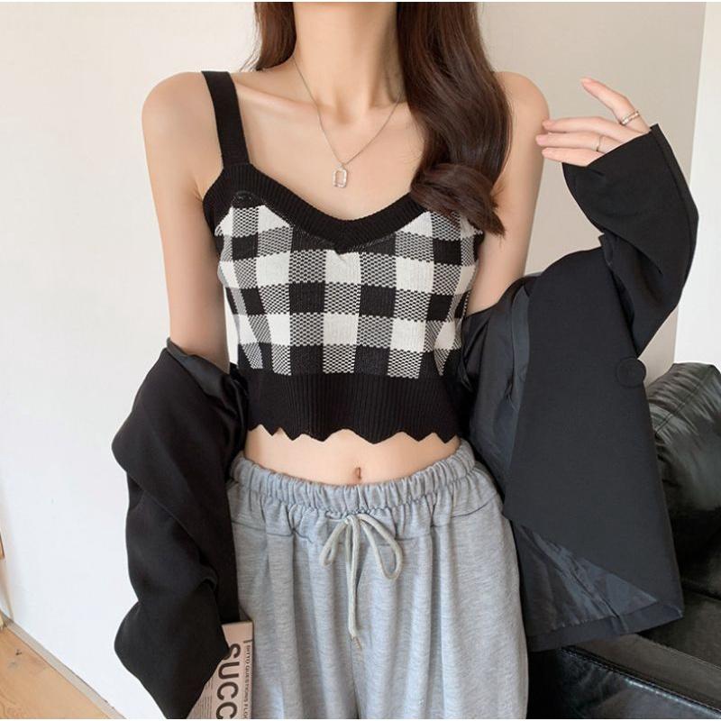 Áo len 2 dây dáng ngắn kẻ caro siêu xinh, free size từ 35_60kg