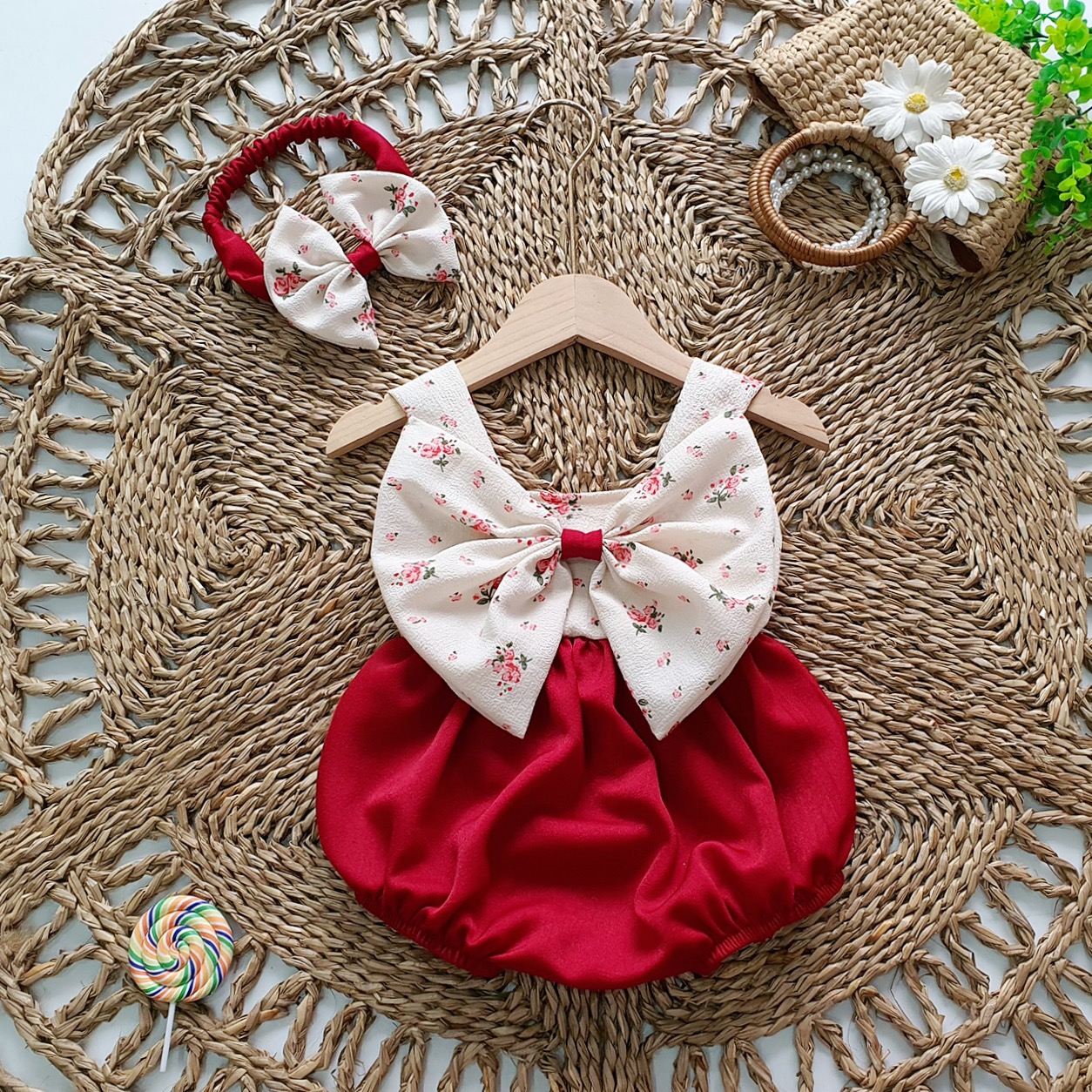 Bodysuit Nơ To Chất Đũi Cara Cho Bé Gái Gái 3 Đến 12kg, Áo Liền Quần 2 Dây Xinh Xắn