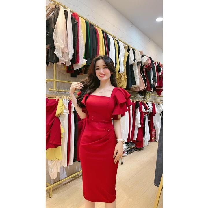 Váy đầm nữ body dự tiệc cổ vuông tay cánh xếp tầng siêu tôn dáng