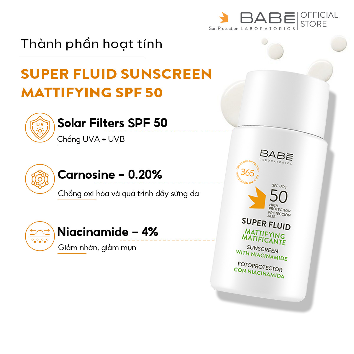 Kem chống nắng BABE Super Fluid Mattifying sunscreen SPF50 phổ rộng, kiểm soát dầu 50ml