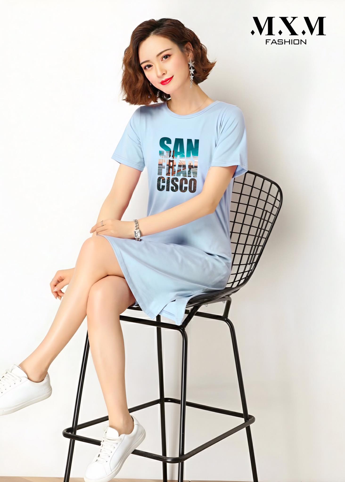 Váy thun nữ dáng suông xẻ tà cổ tròn in chữ Sanfrancisco từ 40-55kg ( D146 )