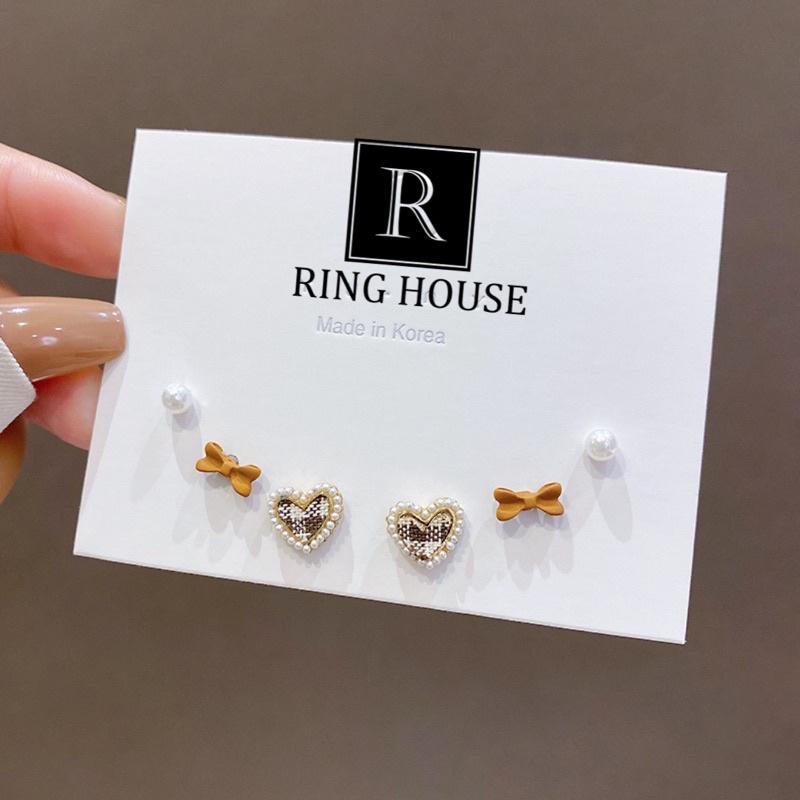 Set Bông Tai Khuyên Tai Nữ Tim Nơ Hạt Trai Nhỏ Xinh Xắn
