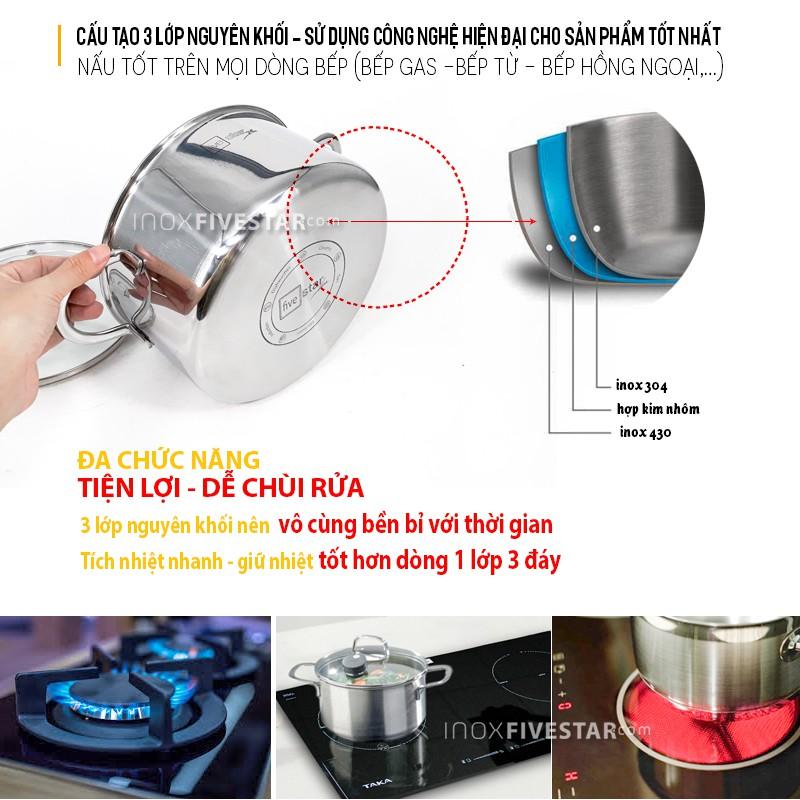 Bộ nồi 3 lớp đáy liền inox 304 Fivestar Plus quai oval nắp kính , tặng 1 vá canh- BỘ NỒI BẾP TỪ CAO CẤP