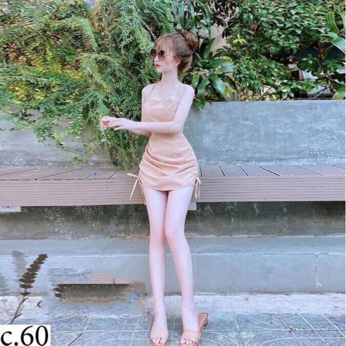 Đầm Body Hai Dây Hở Lưng Rút Dây Hông