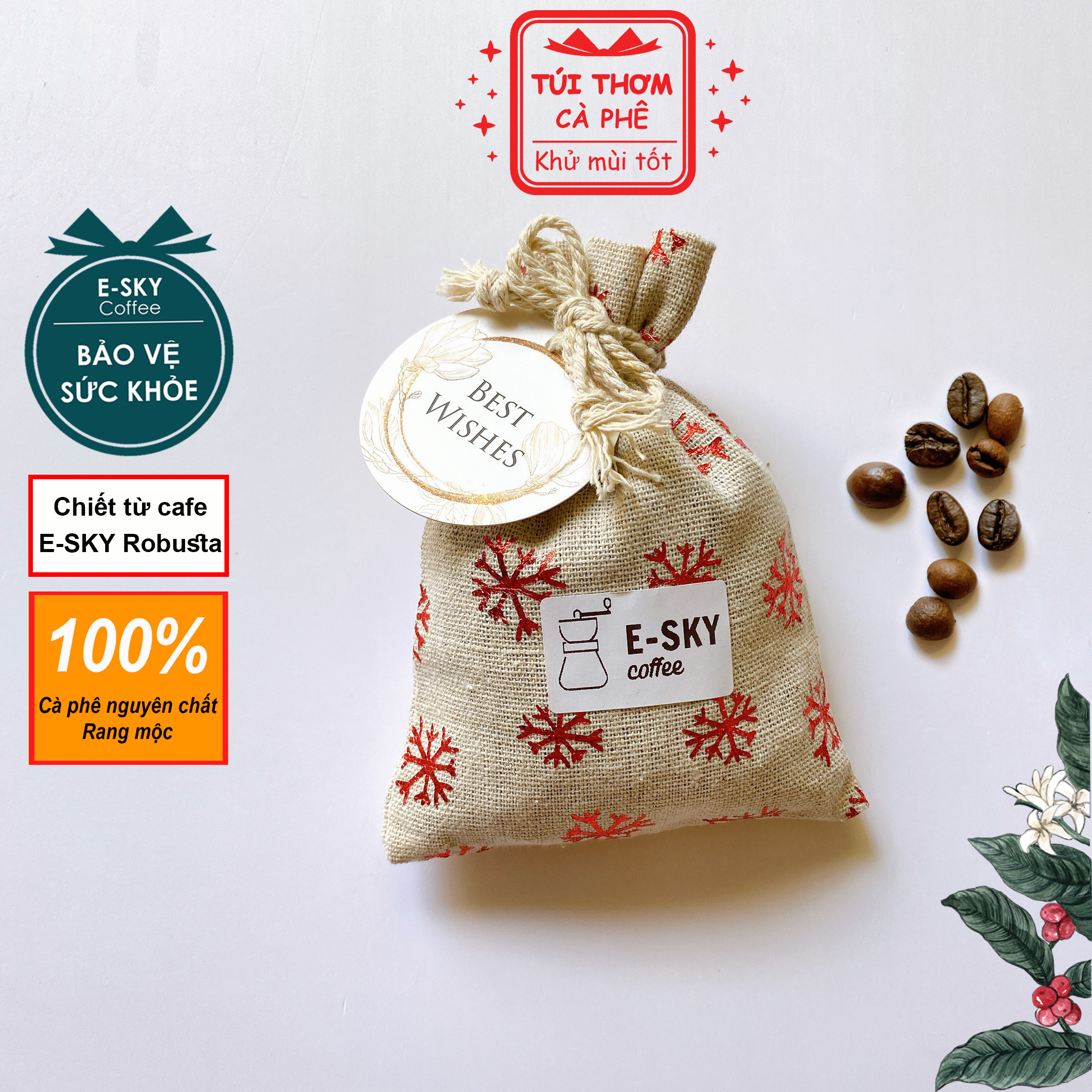 Túi Thơm Cafe E-SKY Coffee Khử Mùi Ô Tô, Tủ Lạnh, Vải Canvas Noel 100gr