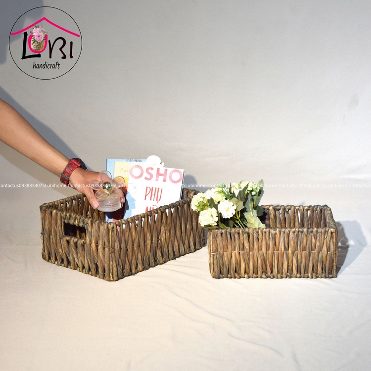 Sọt đựng đồ lục bình hình chữ nhật bộ 3 - màu nâu đan vặn dọc