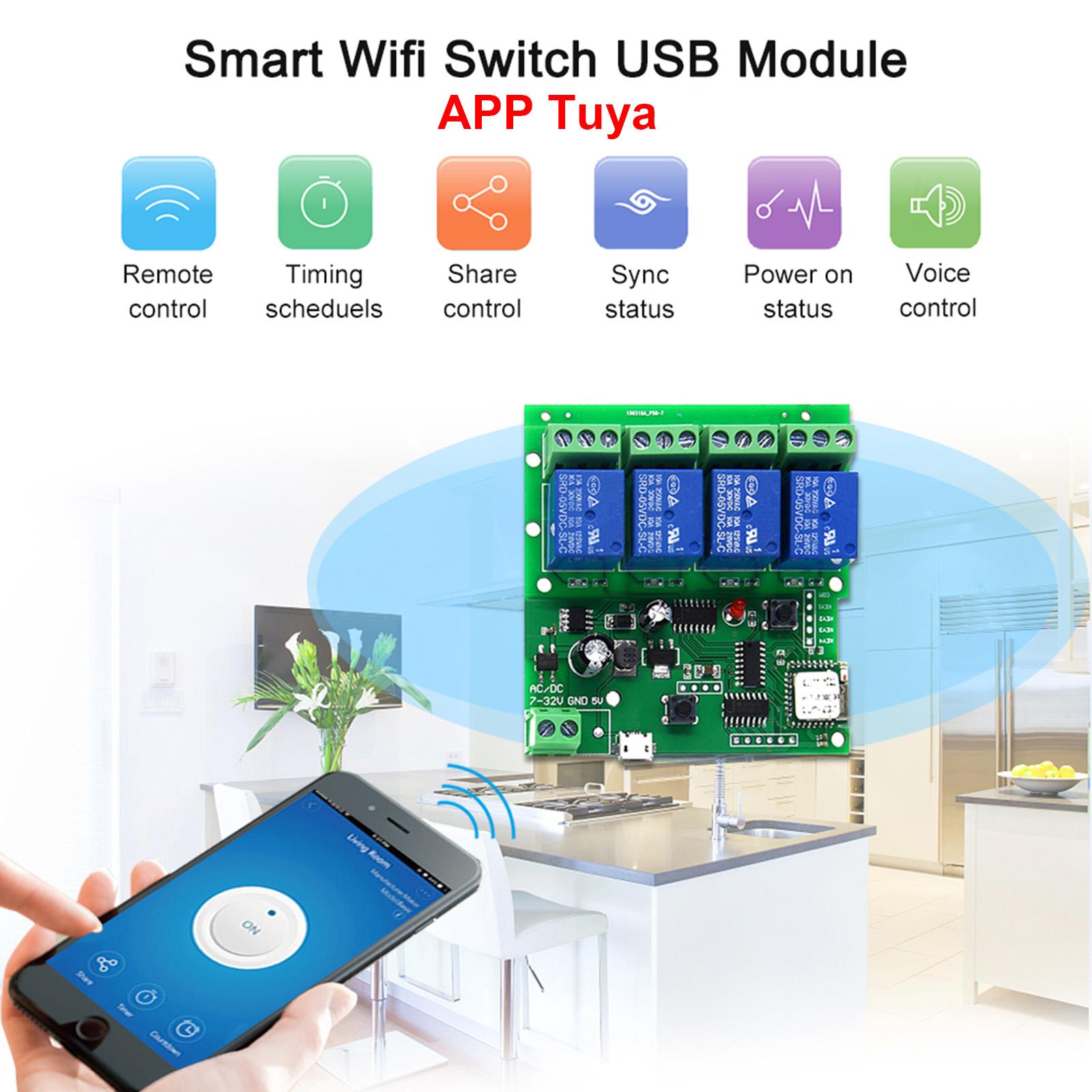 Tuya WiFi+BT 433Mhz Smart Remote Control Wireless Switch Universal Module 4ch DC 5V Wifi Switch Timer Phone APP Remote Control Support Alexa Google Home Voice Control for Smart Home