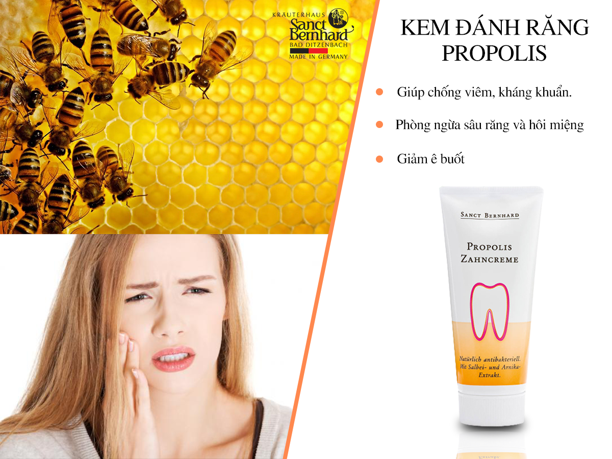 Kem đánh răng Propolis Zahncreme giúp chống viêm, kháng khuẩn, làm sạch răng miệng và mang lại hơi thở thơm mát, phòng ngừa sâu răng