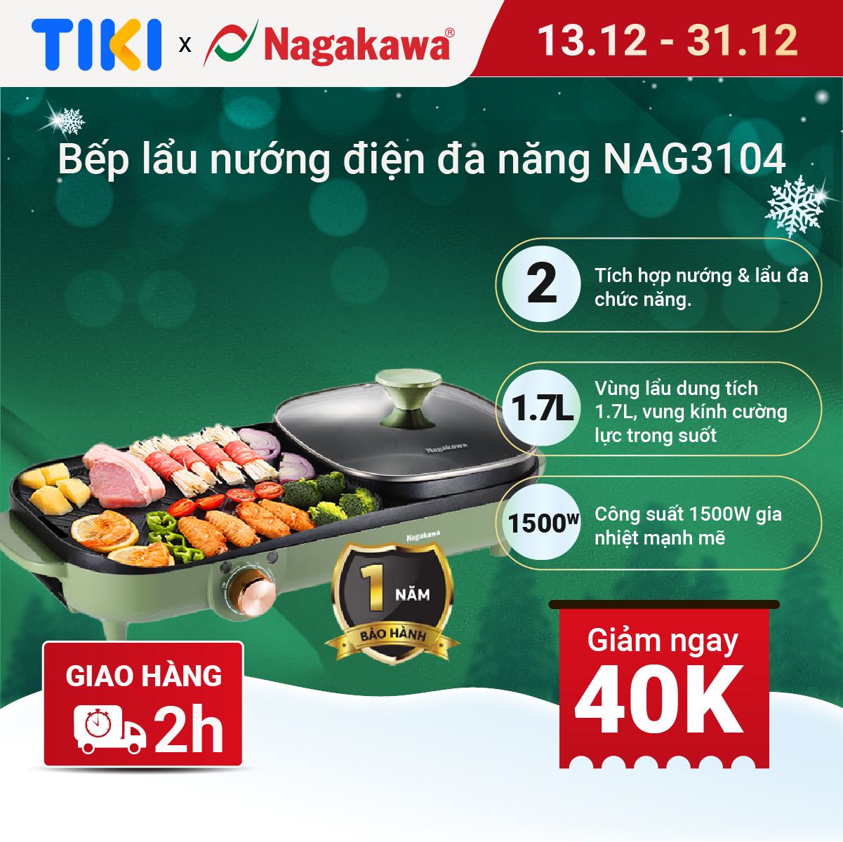 Bếp lẩu nướng điện đa năng Nagakawa NAG3104 (1500W) - Hàng chính hãng