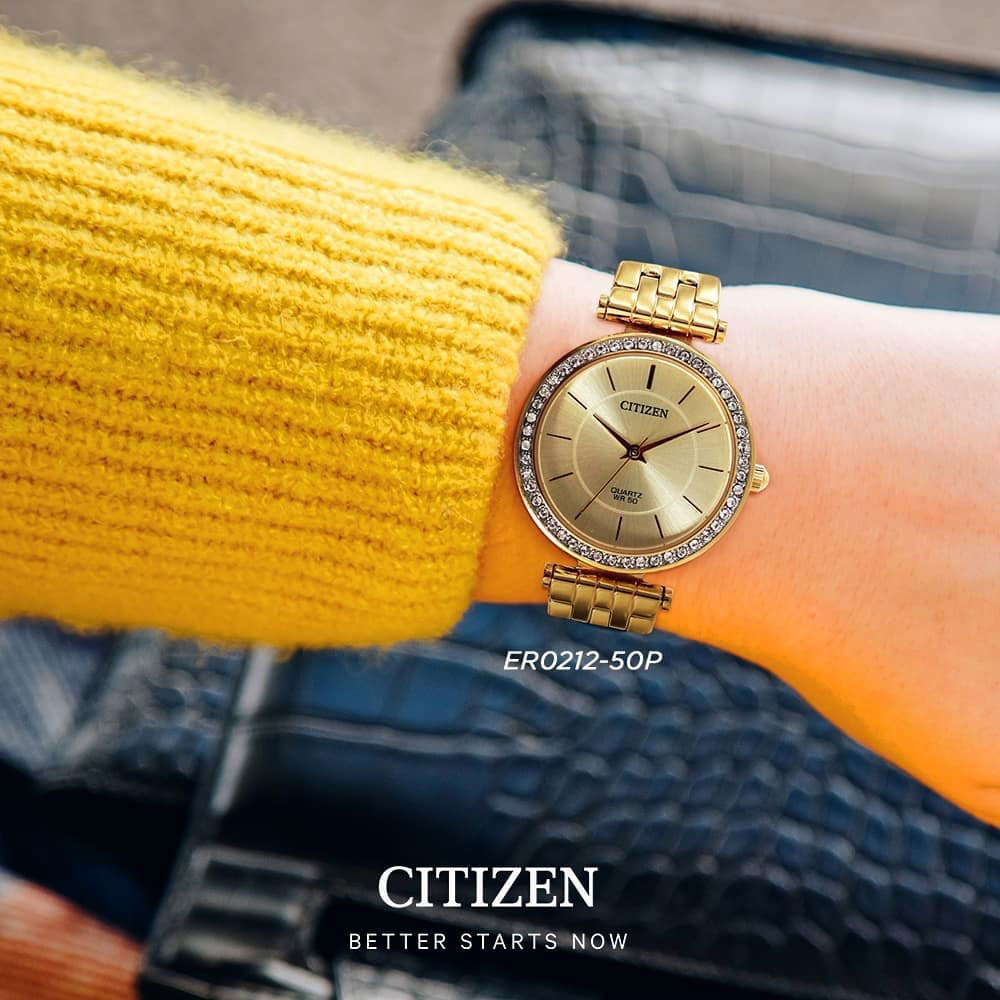 Đồng Hồ Nữ Citizen Đính Đá Swarovski Dây Thép Không Gỉ ER0212-50P - Mặt Vàng