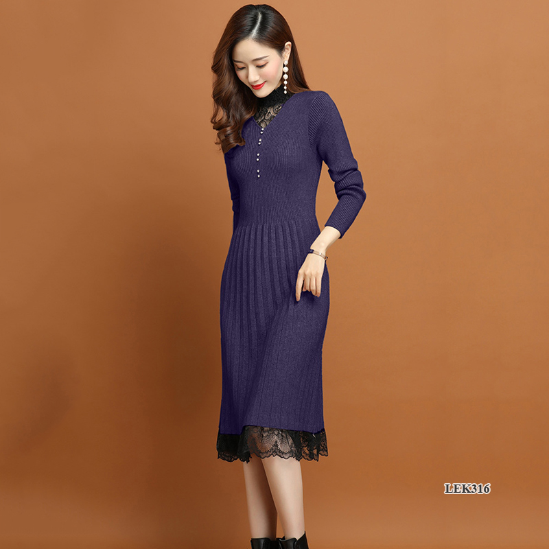 Váy len nữ phối ren thanh lịch sang trọng