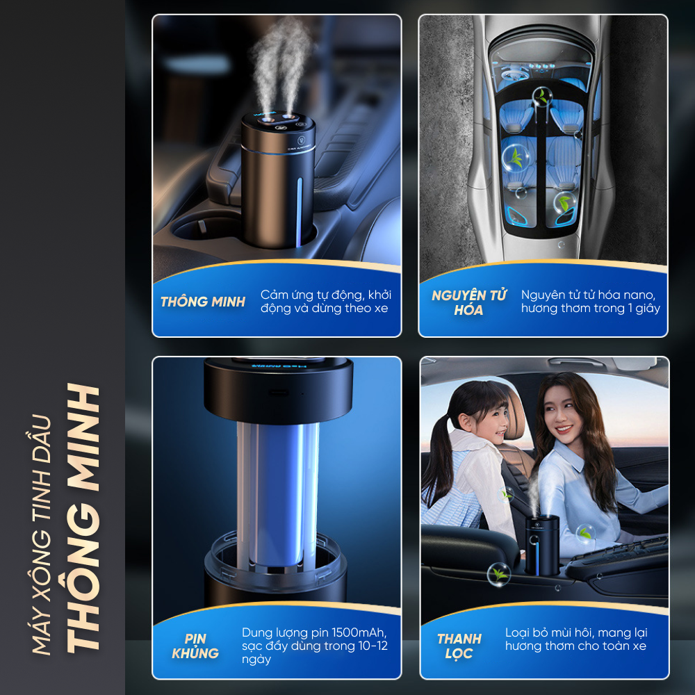 Máy Khuếch Tán Tinh Dầu Air Humidifier Dành Cho Xe Ô Tô Có Hỗ Trợ Sạc Pin
