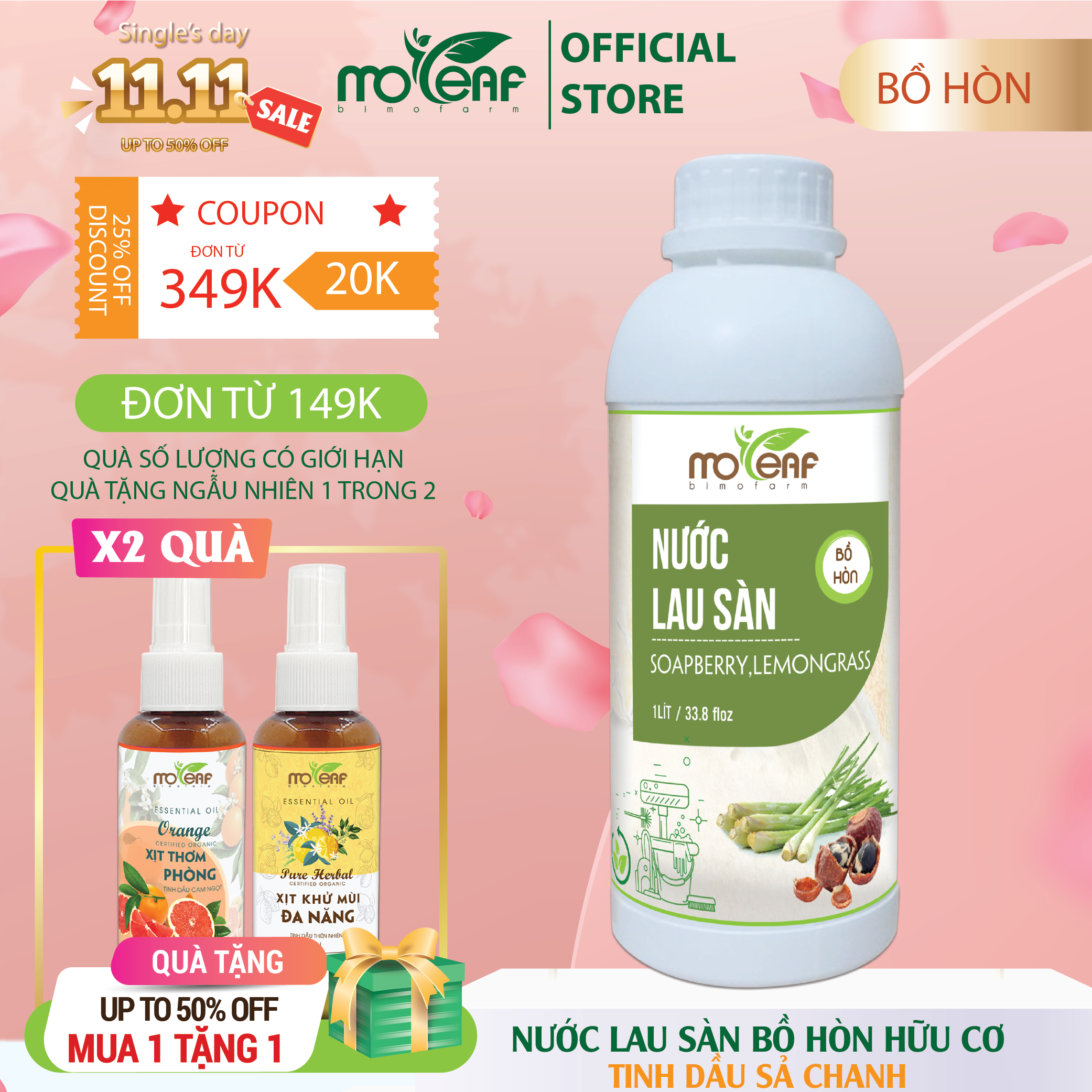 Nước lau sàn Hữu cơ Moleaf đuổi muỗi tinh dầu Sả chanh