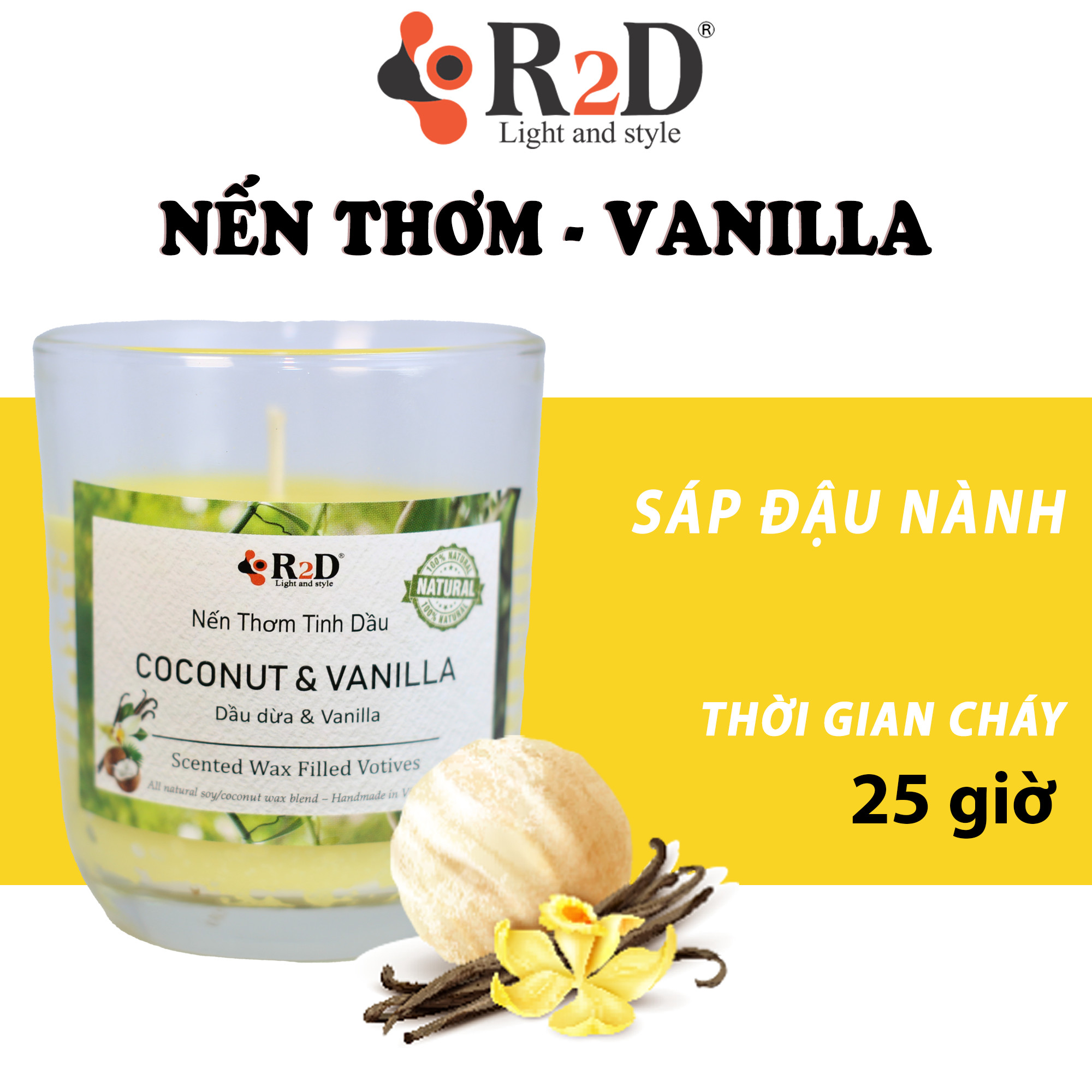 Nến Thơm, Tinh Dầu Coconut-Vanilla, Nến Thơm Phòng, [Ly 300g], Đến Từ Shop R2D, Làm Từ Thành Phần Tự Nhiên, Lành Tính