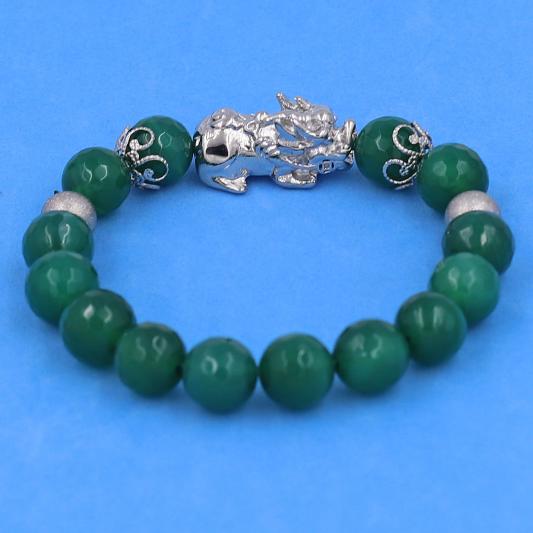 Vòng chuỗi đeo tay đá thạch anh xanh lá cắt giác 10 ly charm tỳ hưu inox, bi inox, khía bông inox, vòng tay phong thuỷ, vòng tay tỳ hưu