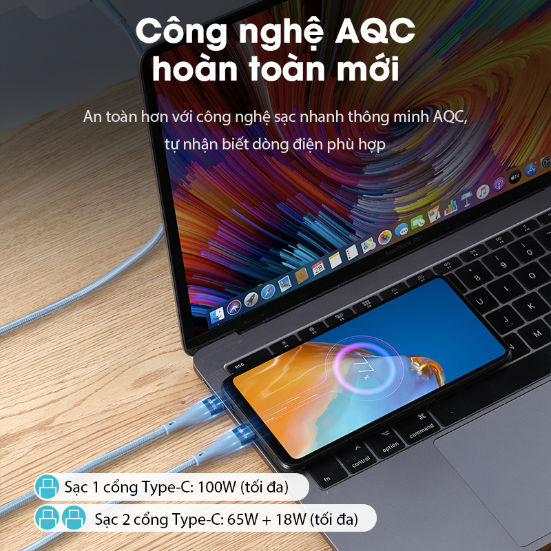 Cáp Sạc Nhanh Acome ACC-012  2 Cổng Type-C Công Nghệ AIC Sạc Siêu Nhanh 100W - Hàng Chính Hãng