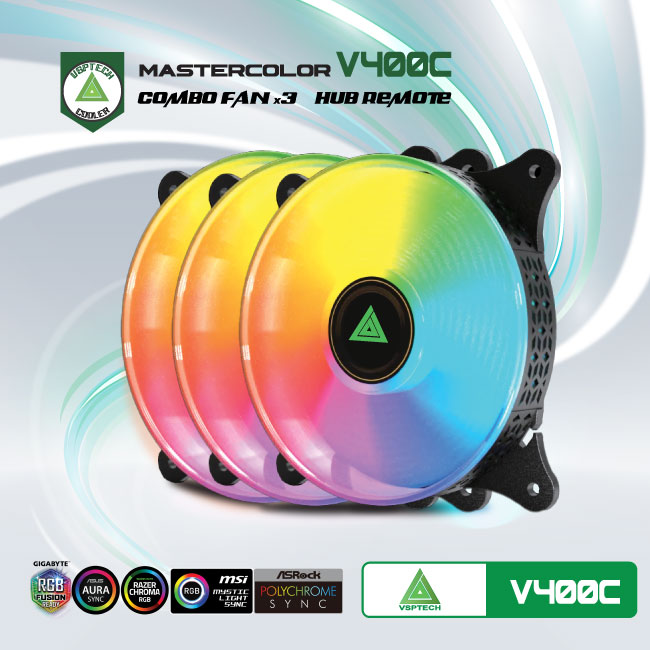 Bộ 3 Fan case VSP V400C [ĐEN] 12cm LED RGB (kèm Hub + Remote) - Hàng chính hãng TECH VISION phân phối