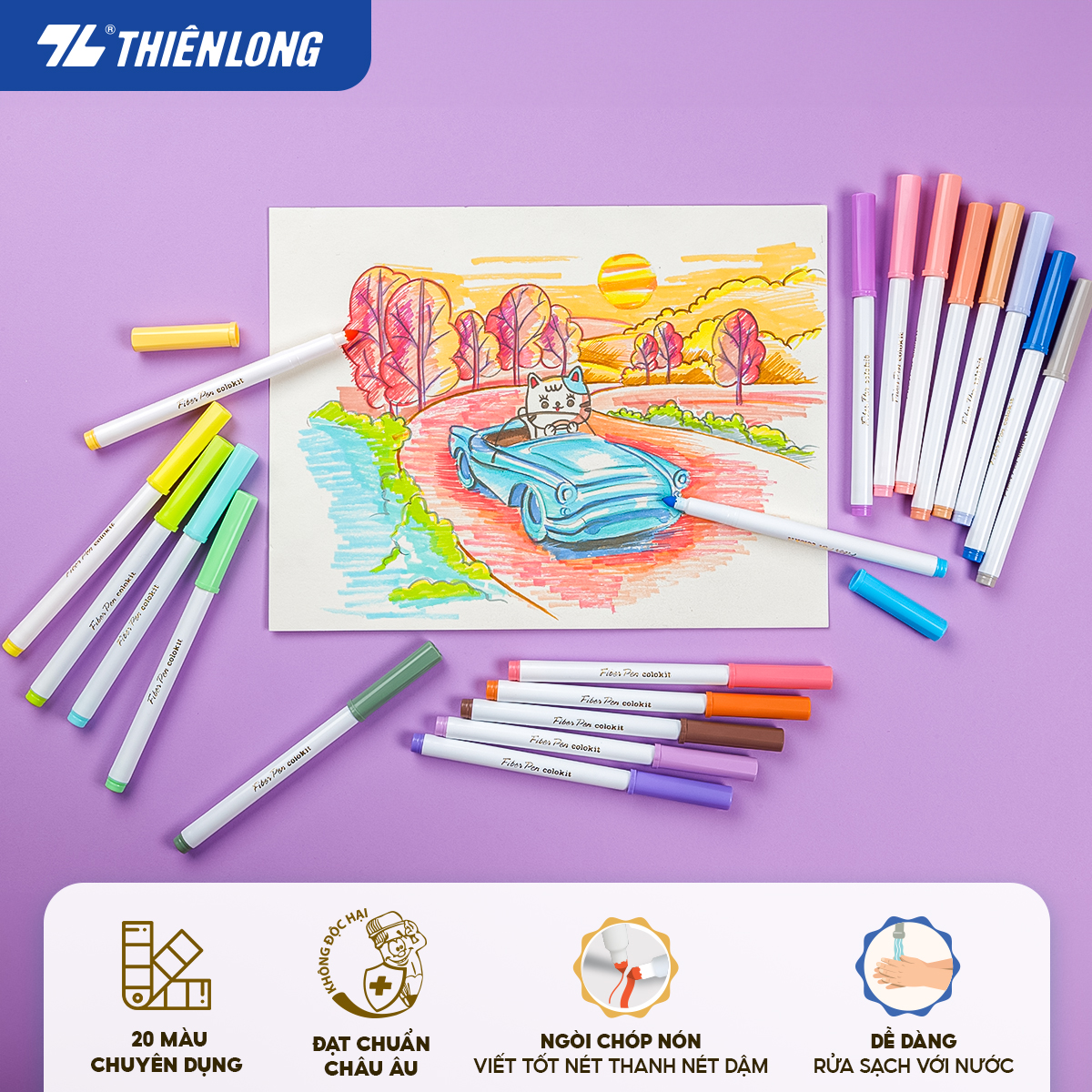 Bút lông màu Fiber Pen 20 màu Pastel Thiên Long Colokit rửa được an toàn sử dụng tô màu, vẽ tranh, calligraphy SWM-C008