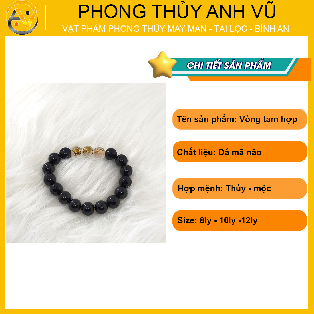 Vòng tam hợp thân tý thìn đã khai quang - chất liệu mã não đen - size 8 10 12ly - may mắn tài lộc - Vòng Tam Hợp Anh Vũ