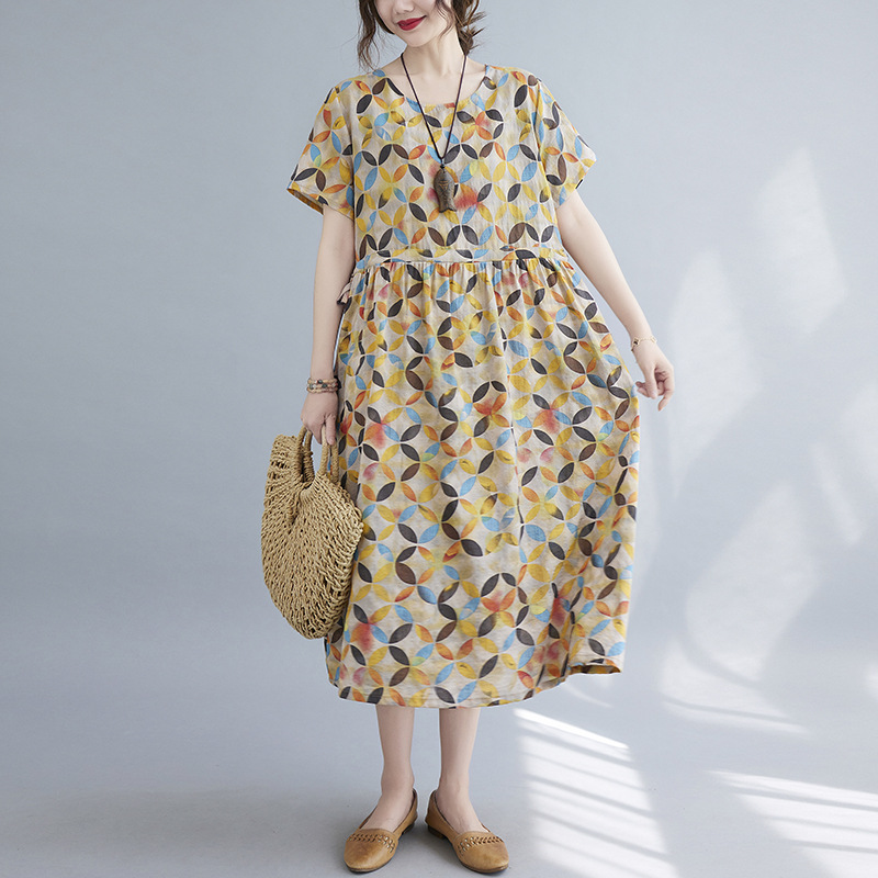 Váy Hoa Nhí Vintage Dáng dài, Đầm tay ngắn cổ tròn Hoạ tiết Hoa Nhí kèm dây rút eo cho nàng xinh xắn Đũi Việt