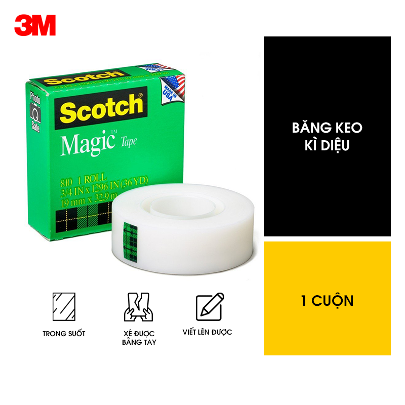 Băng keo kì diệu Magic Tape Scotch 3M 810 19.05mm x 32,9m - Trong suốt, siêu dính, viết lên được, xé được bằng tay