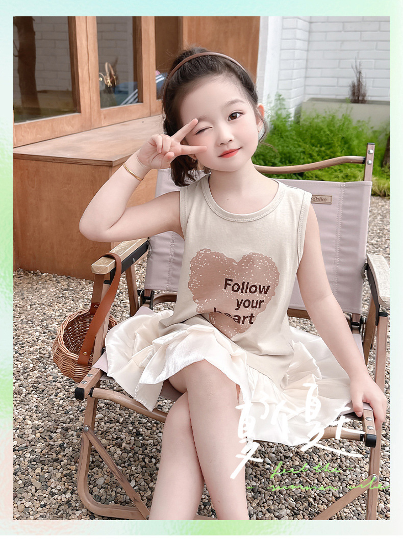 Váy hè cho bé gái sát nách 2-7 tuổi in chữ Followw chân ren vải co giãn thấm hút mồ hôi kiểu dáng điệu đà