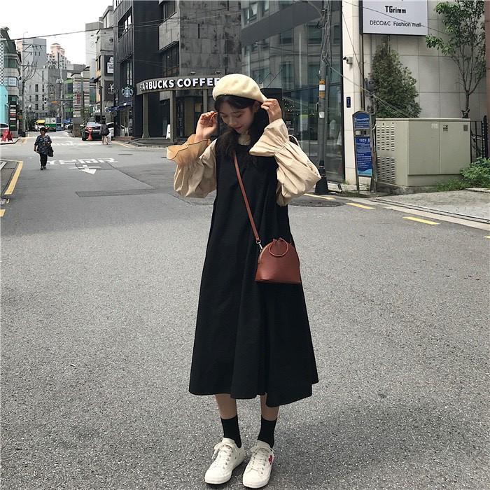 Set Ulzzang áo sơ mi váy yếm thô