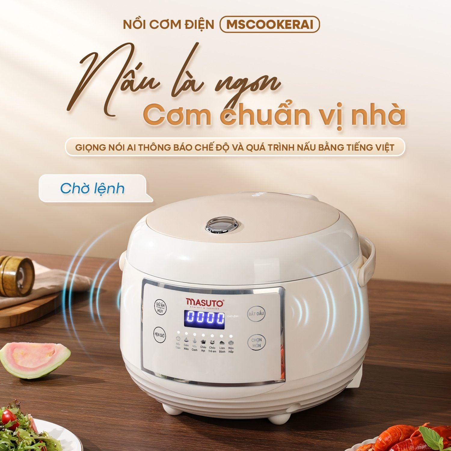 Nồi Cơm Điện Tử Masuto MSCookerAI Dung Tích 1,5L Biết Nói Tiếng Việt, Lòng Nồi Ceramic Chống Dính Cao Cấp, Đa Năng Với 7 Chế Độ Nấu, Có Hẹn Giờ - Hàng Chính Hãng