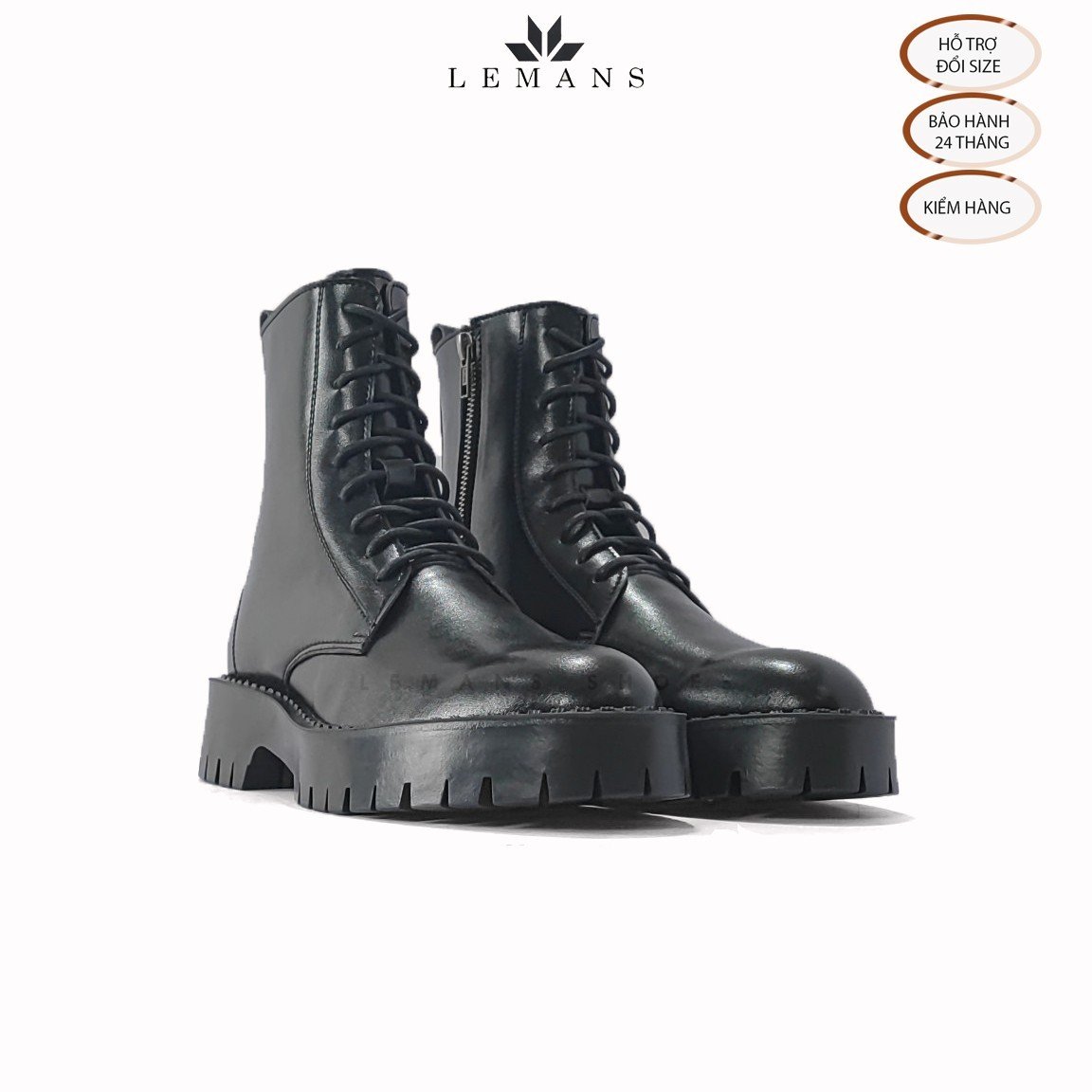Giày da bò Chunky COMBAT Boots LEMANS nam - Đế Chunky cao 4.5cm - Khóa YKK - Bảo hành 24 tháng - Da Bò - 42