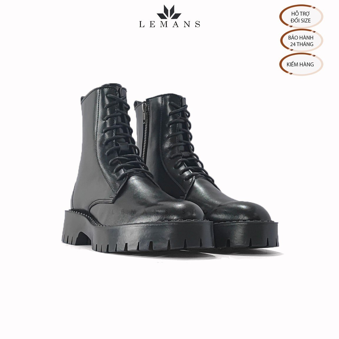 Giày da bò Chunky COMBAT Boots LEMANS nam - Đế Chunky cao 4.5cm - Khóa YKK - Bảo hành 24 tháng