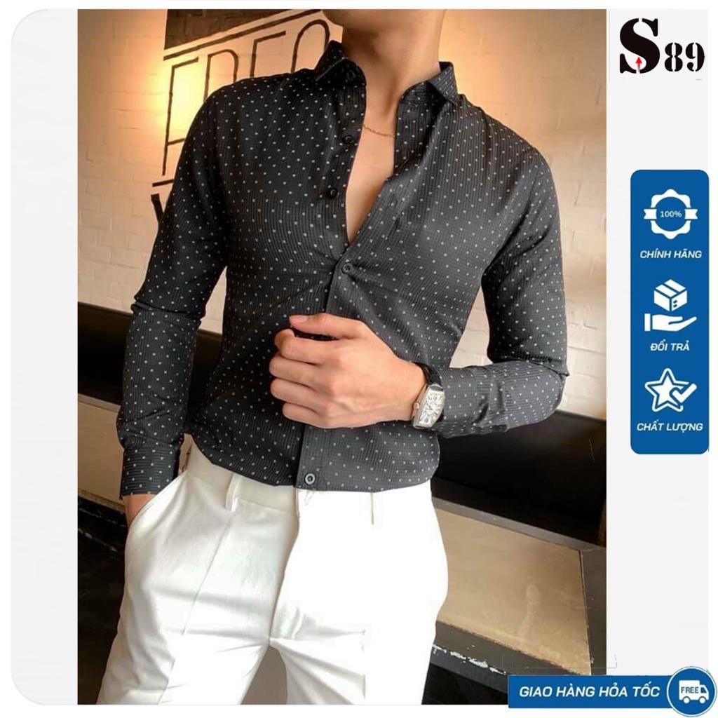 Áo sơ mi nam dài tay cổ cứng họa tiết chấm bi form dáng slim fit vải cotton dày dặn