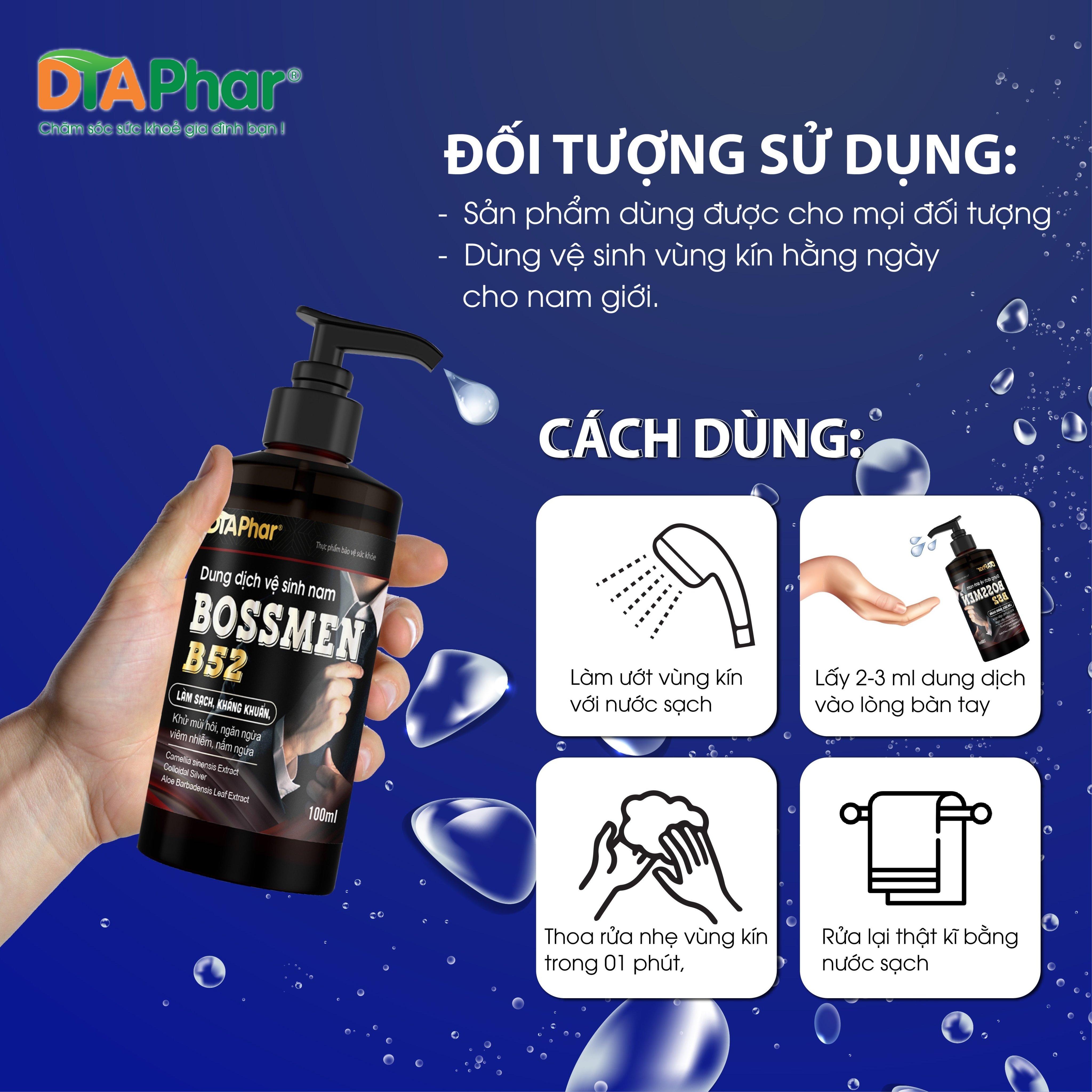 DUNG DỊCH VỆ SINH NAM BOSSMEN B52 HƯƠNG NƯỚC HOA GIỮ HƯƠNG LÂU HỖ TRỢ LÀM SẠCH KHÁNG KHUẨN NGĂN NGỪA VIÊM NHIỄM CHAI 100ML TÂM AN PHARMA