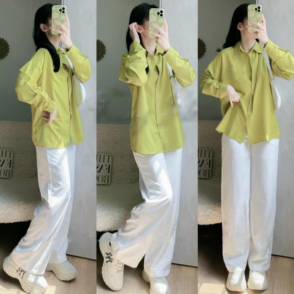 Set áo sơ mi xanh bơ oversize kèm quần suông trắng hack dáng