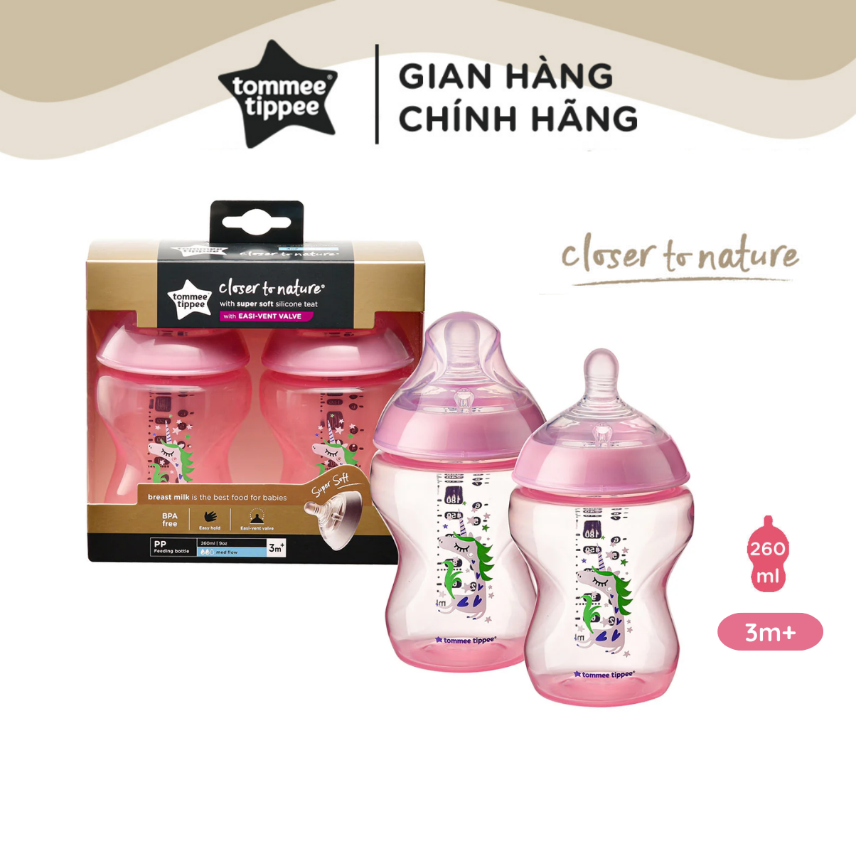 Bình Sữa Ty Siêu Mềm Tự Nhiên Tommee Tippee Closer To Nature 260ml, Núm Ty Đi Kèm 3-6 Tháng – Hồng (Bình Đôi)