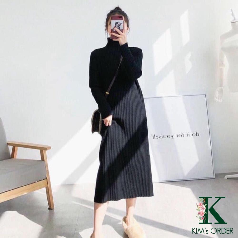 Váy len nữ dáng dài suông đầm len cổ lọ màu đen be nâu basic phom rộng hàng Quảng Châu cao cấp Style Hàn Quốc