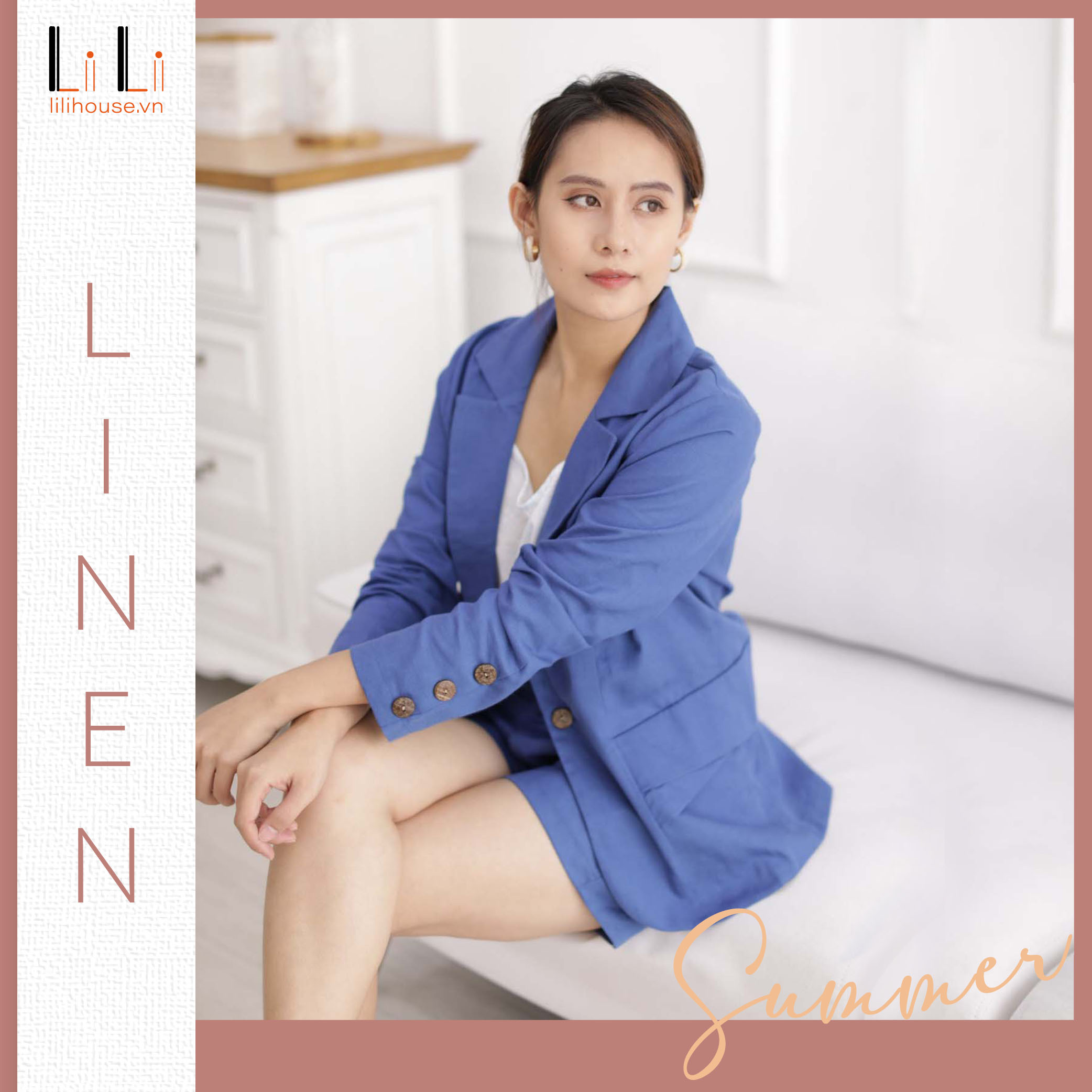 Set Vest, BLAZER nữ LINEN cao cấp - Màu Xanh Coban