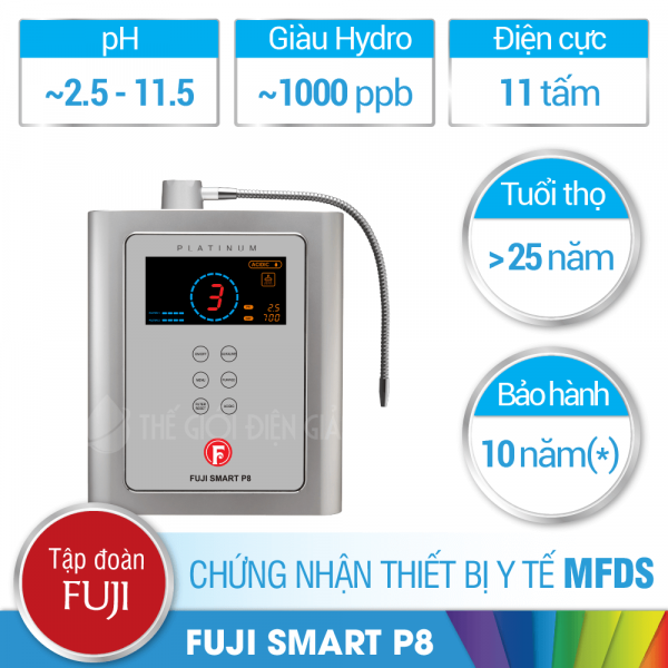 Máy điện giải ion kiềm Fuji Smart P8 - Hàng chính hãng - Tạo ra nguồn nước giàu Hydrogen tốt nhất về chất lượng và cả số lượng