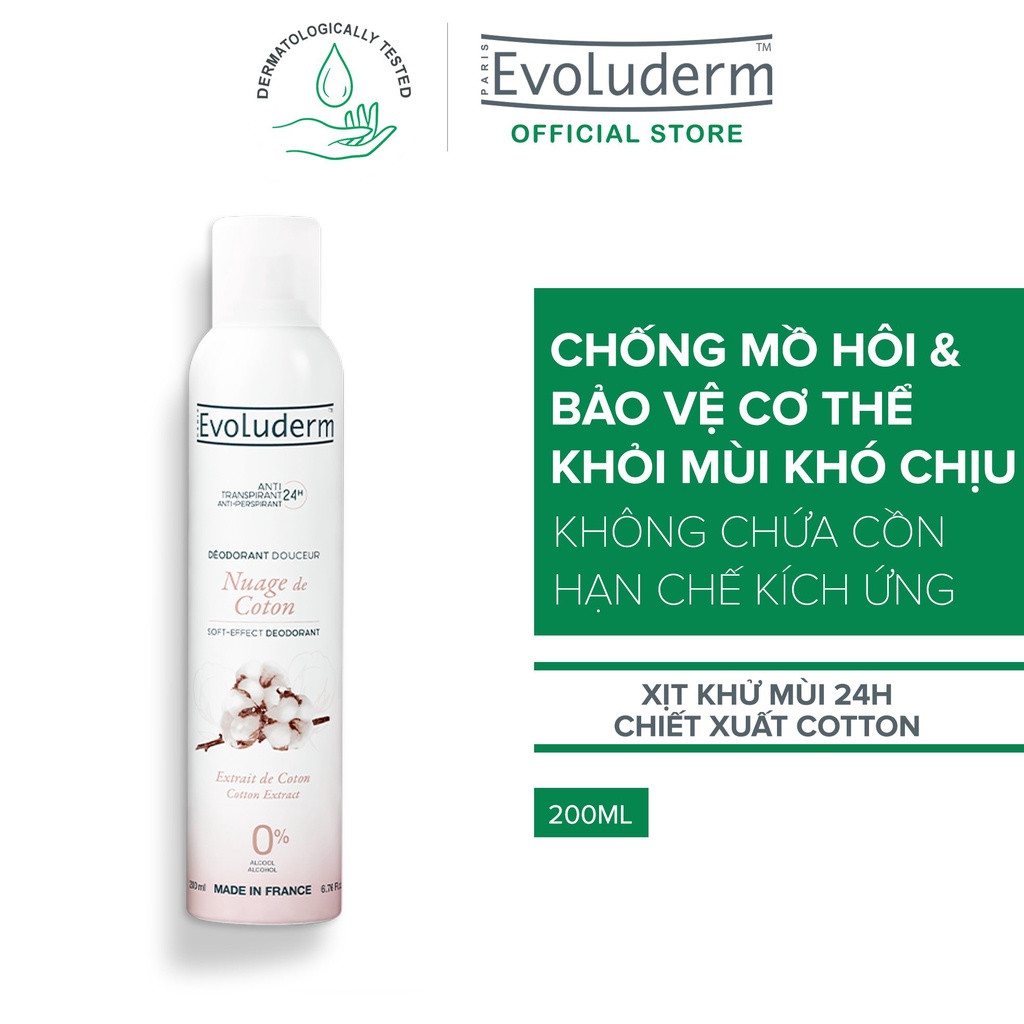 Xịt khử mùi toàn thân Evoluderm hương hoa Coton ngăn khuẩn gây mùi suốt 24h - 200ml (15257)