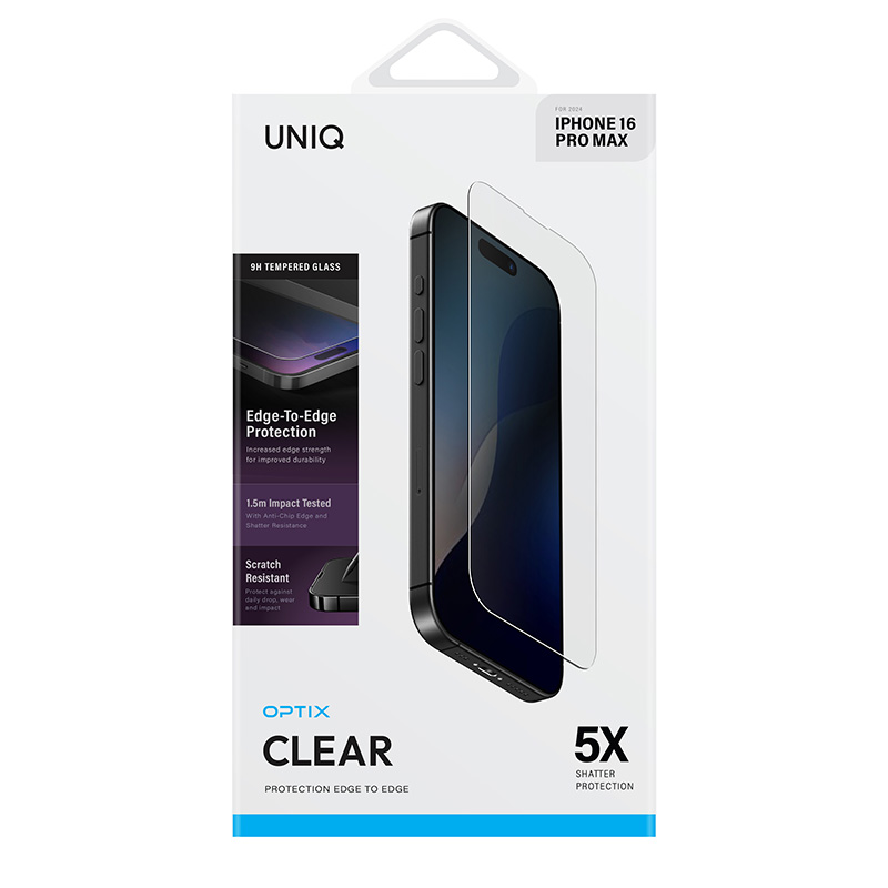 Kính Cường Lực UNIQ OPTIX CLEAR Cho iPhone 16/ 16 Plus/ 16 Pro/ 16 Pro Max Trong Suốt Hoàn Toàn Tấm Kính Hàng Chính Hãng